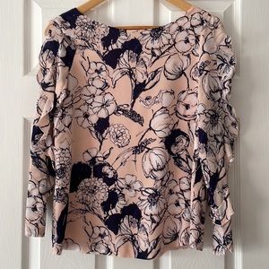 Floral silk top with cutout sleeve ruffle